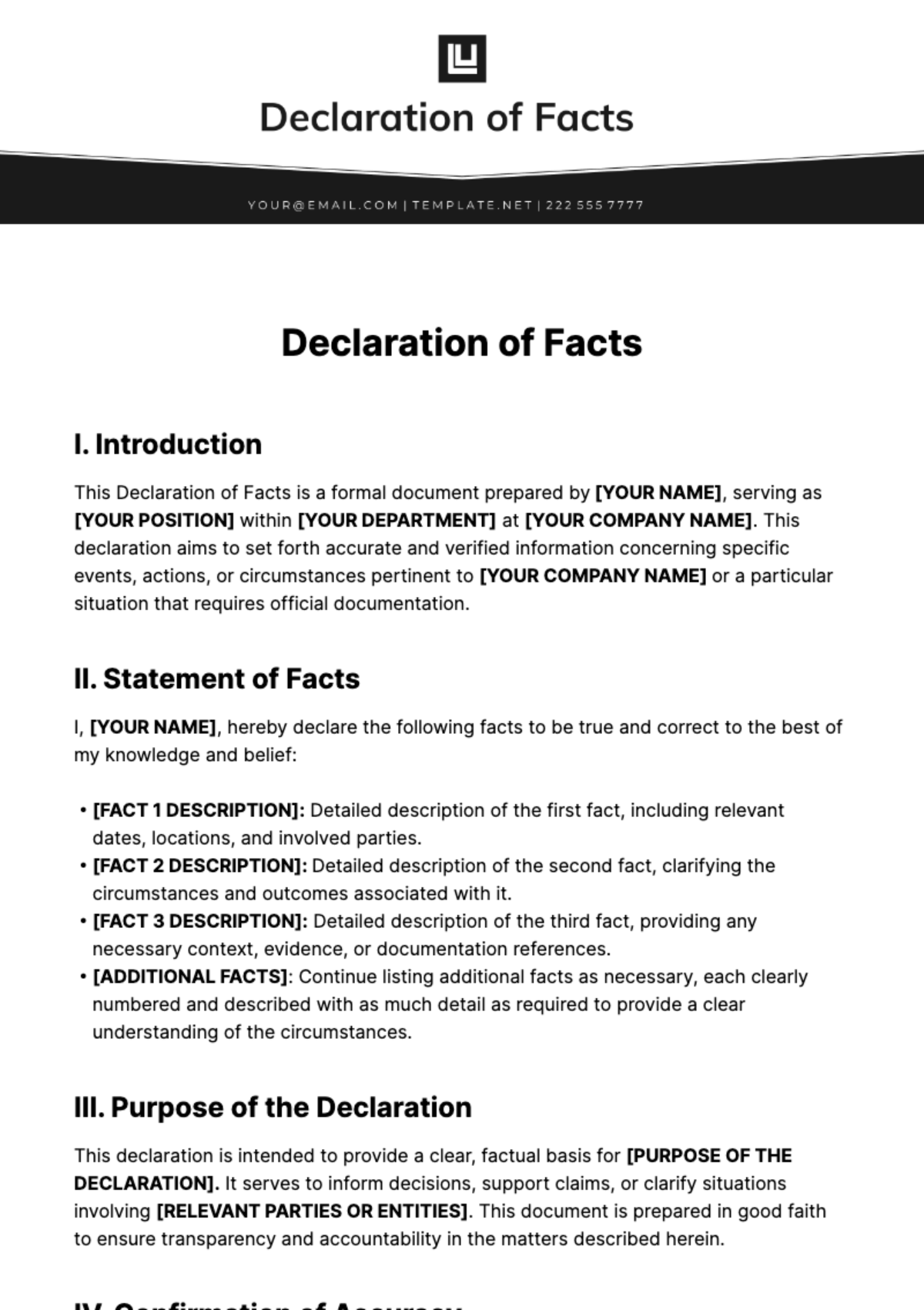 Free Declaration Of Facts Template