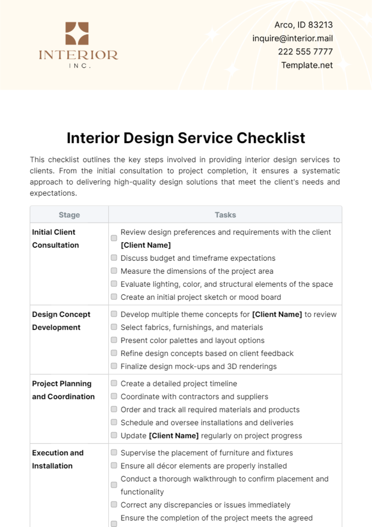 Free Interior Design Service Checklist Template