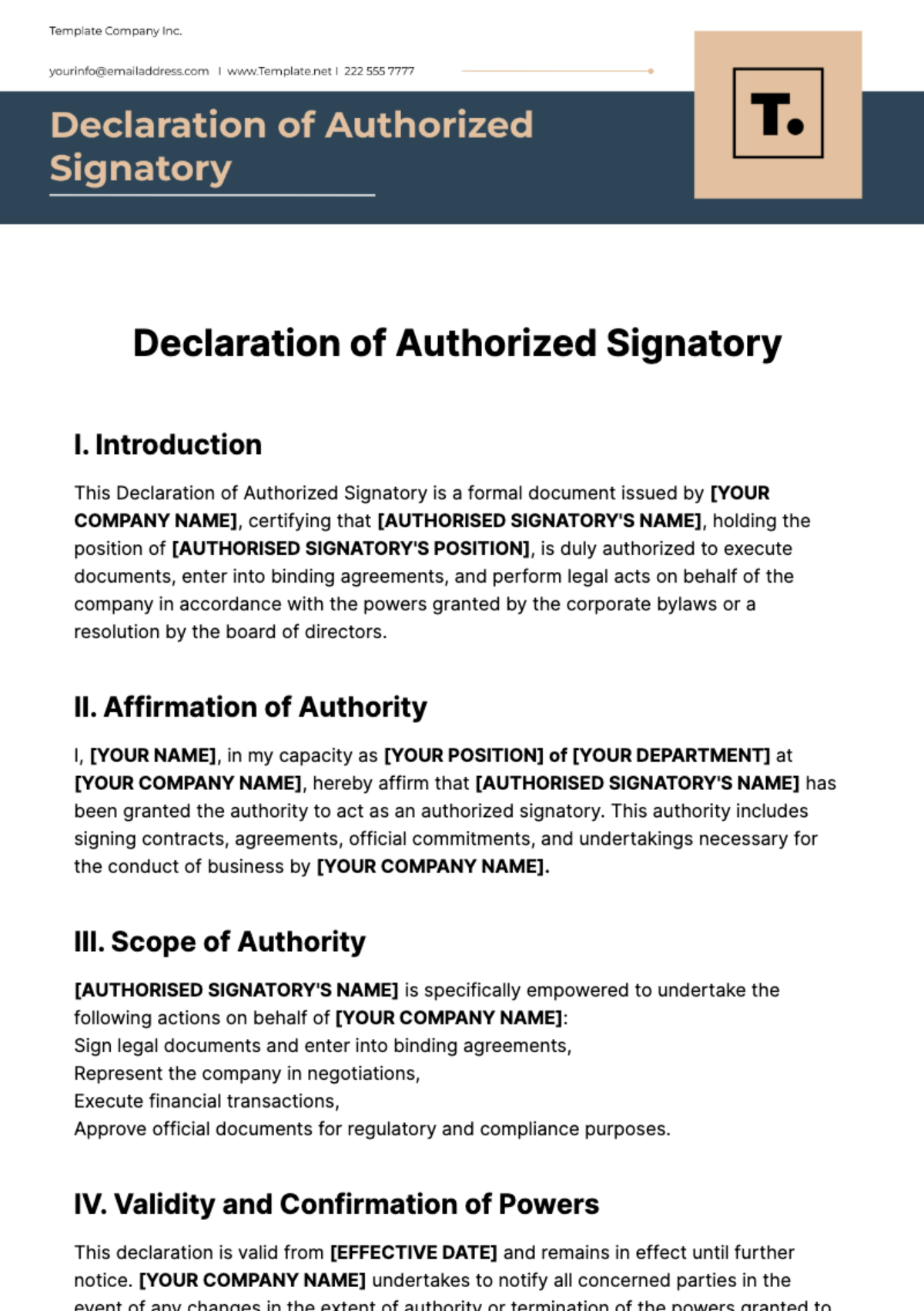 Free Declaration of Authorized Signatory Template