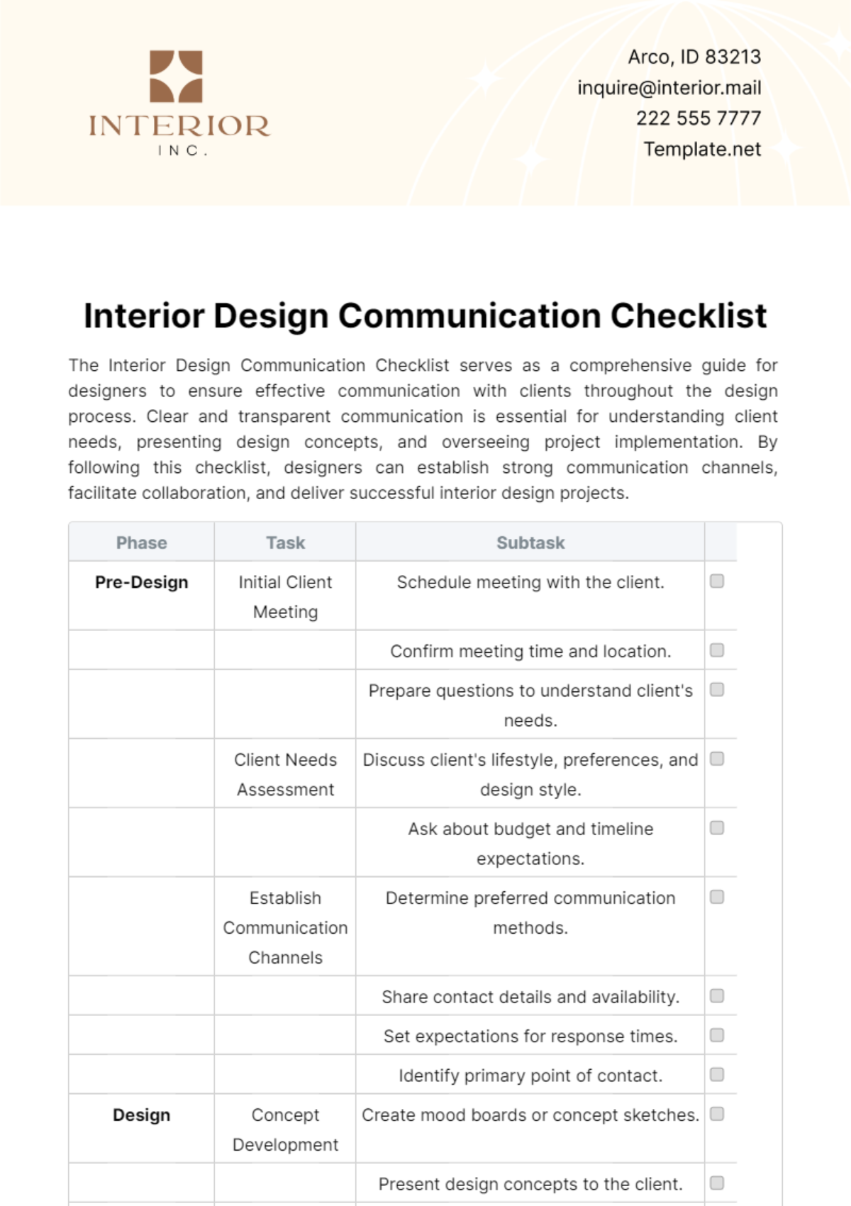 Free Interior Design Communication Checklist Template