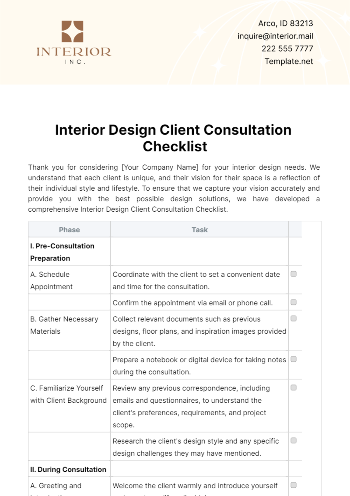 Interior Design Client Consultation Checklist Template - Edit Online & Download