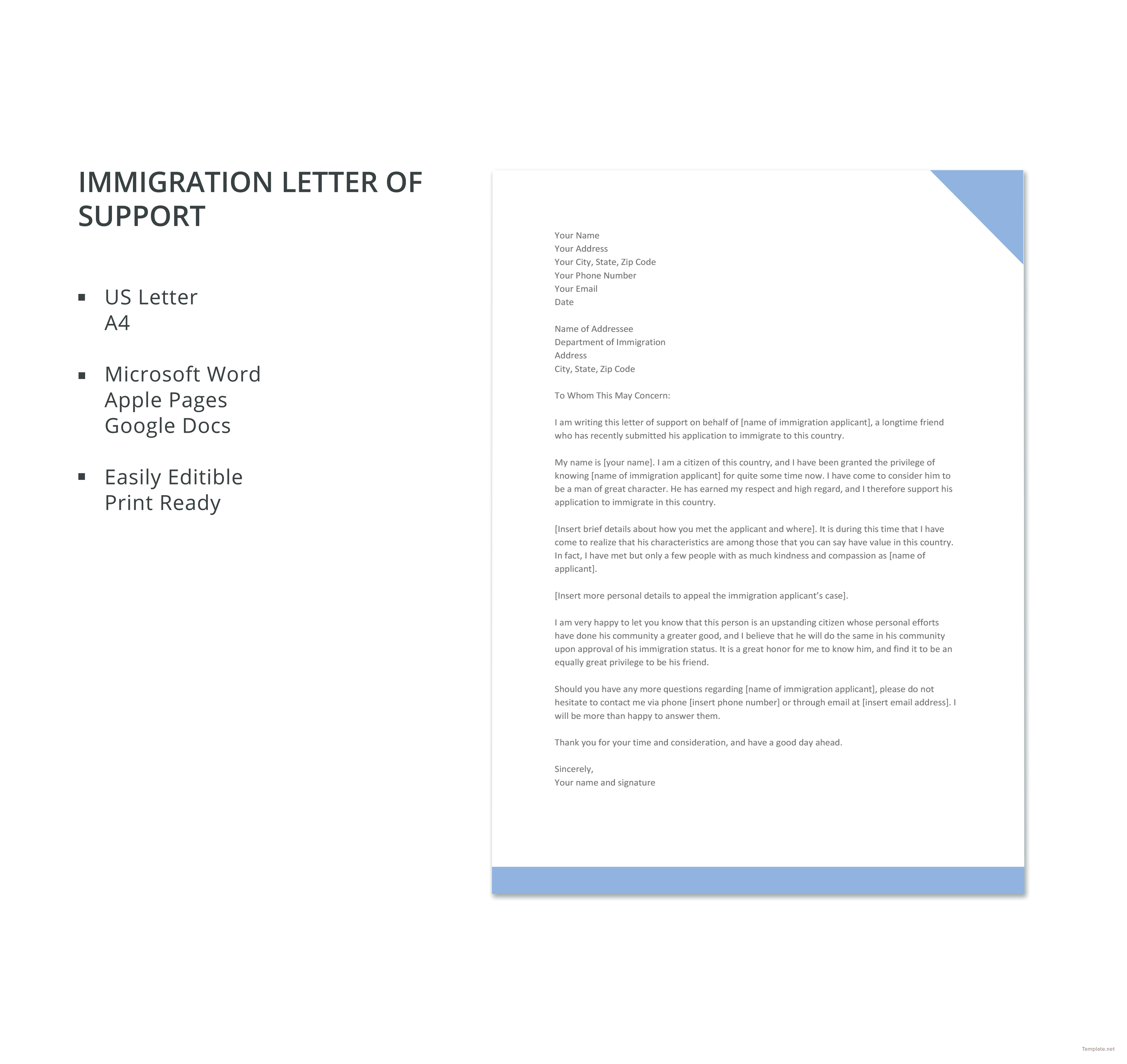 Immigration Letter of Support Template in Microsoft Word Apple Pages