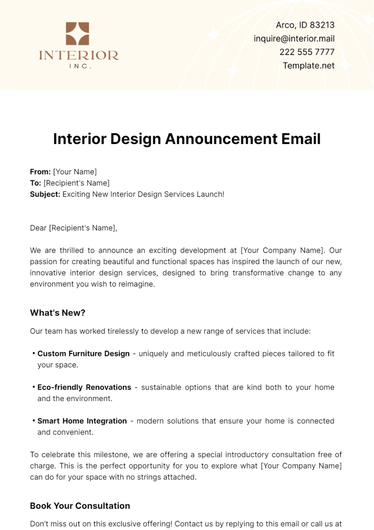 Free Interior Design Announcement Email Template