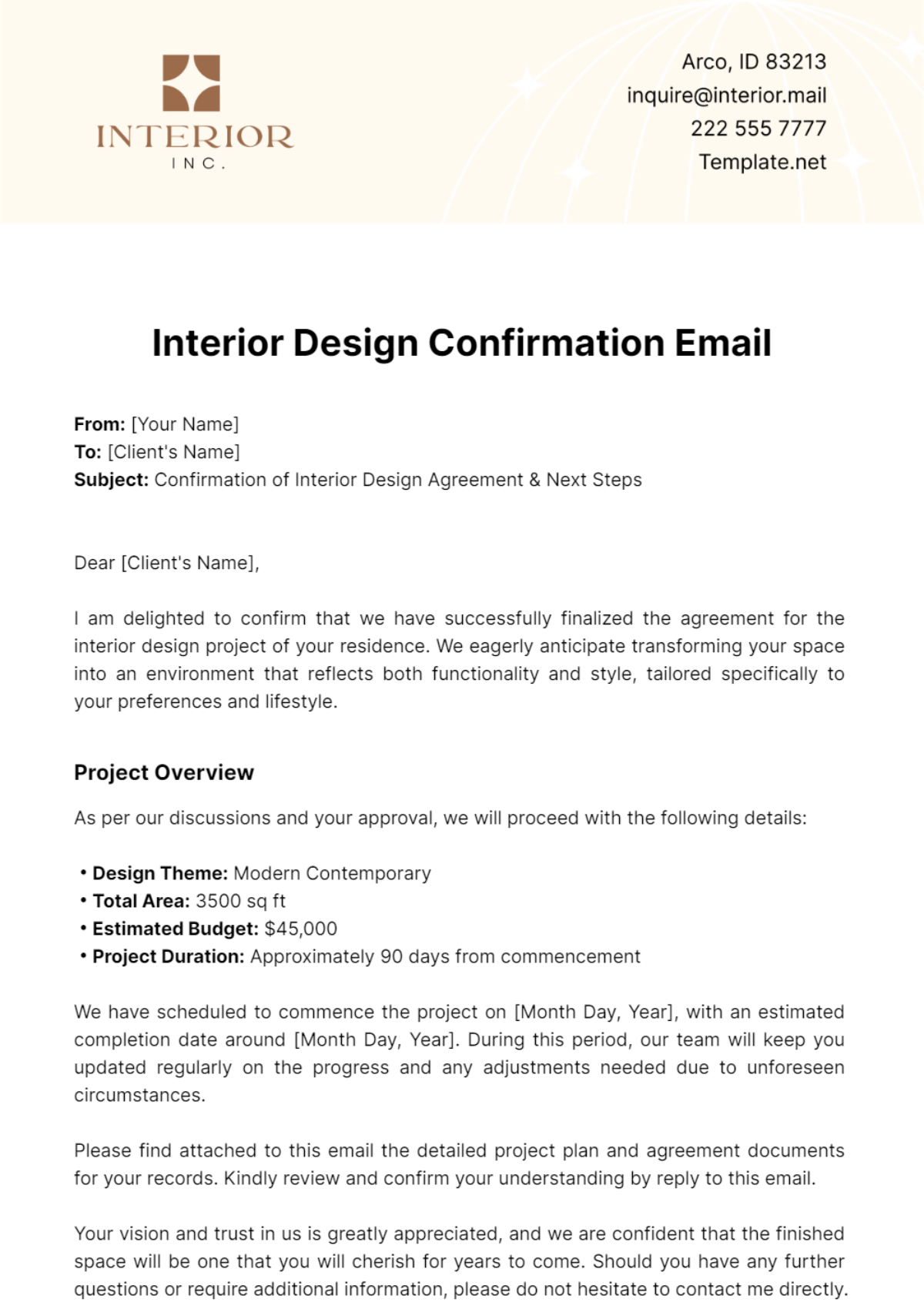 Free Interior Design Confirmation Email Template