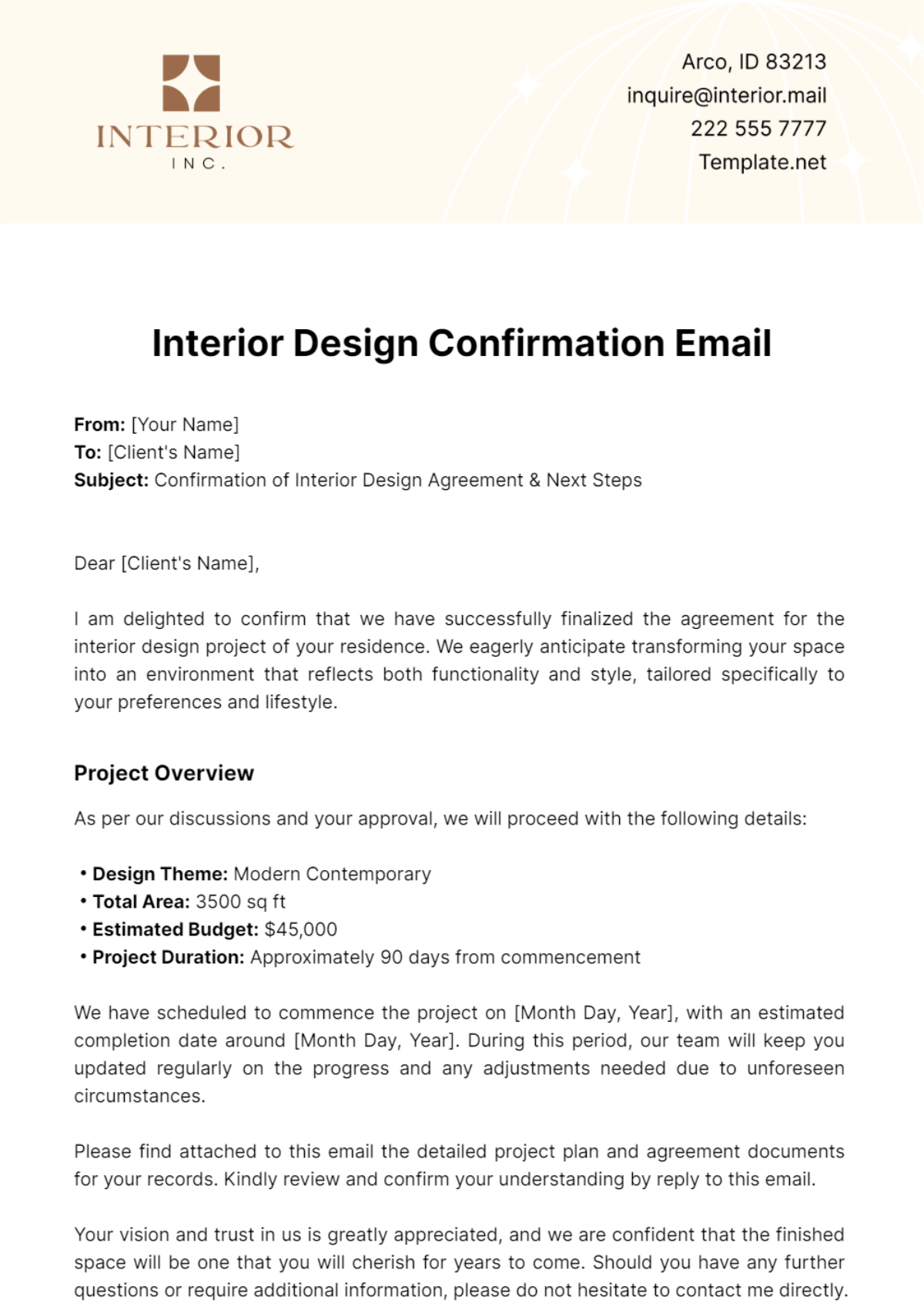 Interior Design Confirmation Email Template - Edit Online & Download