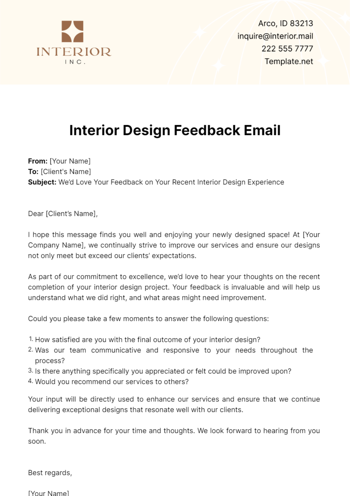 Free Interior Design Feedback Email Template