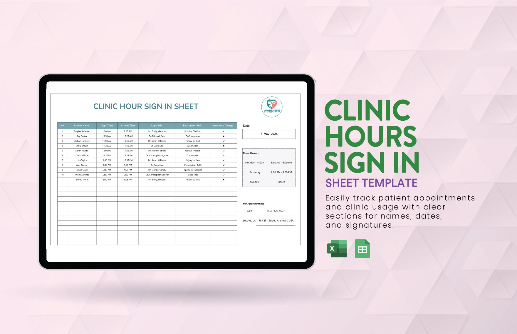 Clinic Hours Sign in Sheet Template in Excel, Google Sheets
