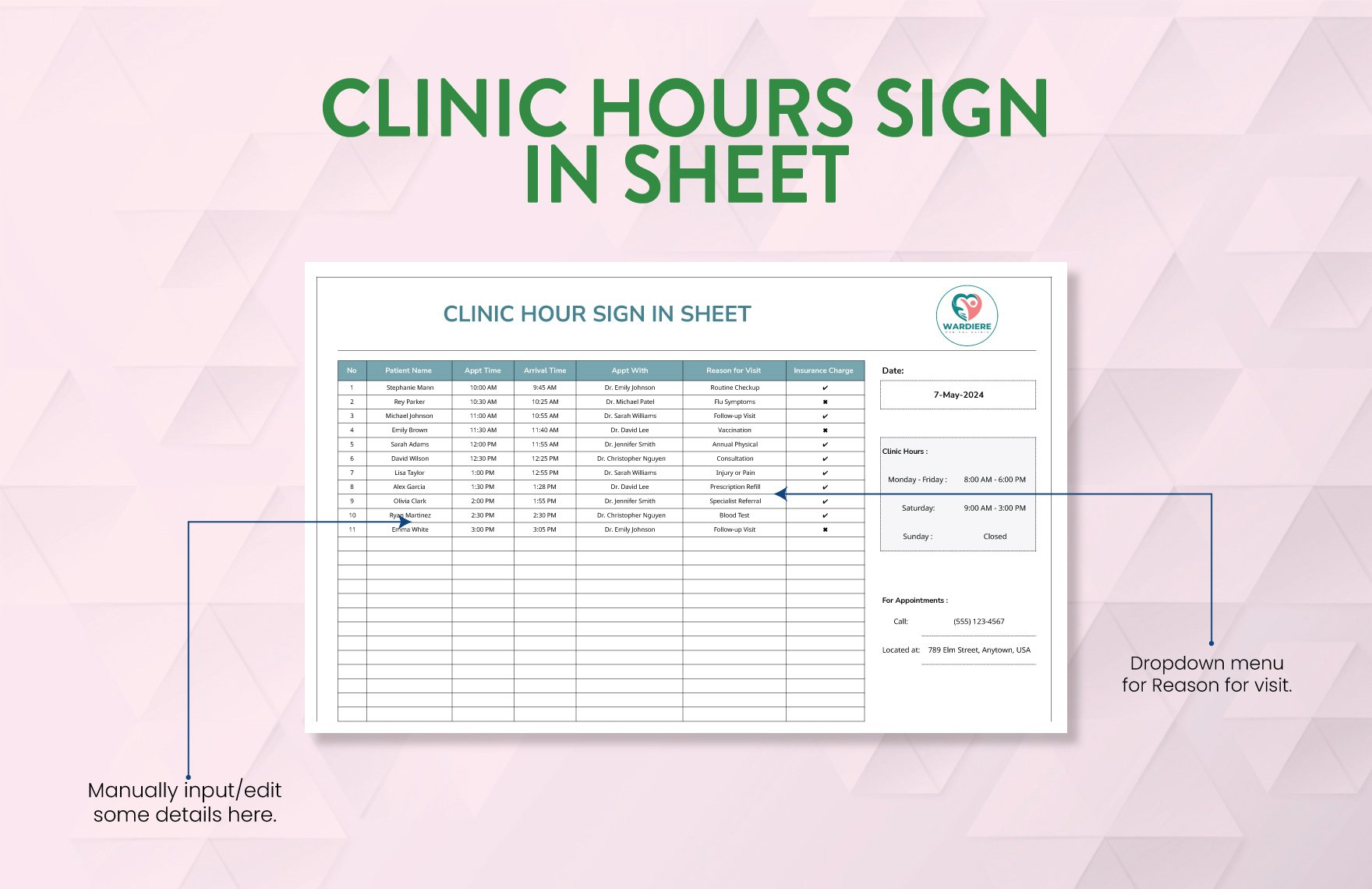 Clinic Hours Sign in Sheet Template in Excel, Google Sheets - Download ...