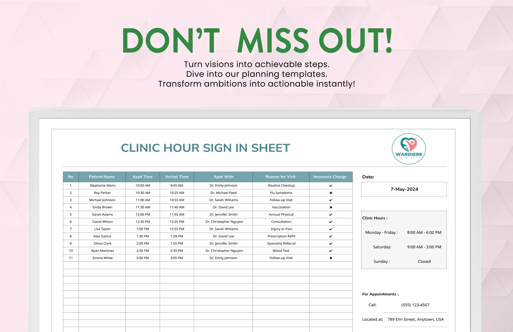 Clinic Hours Sign in Sheet Template in Excel, Google Sheets - Download ...