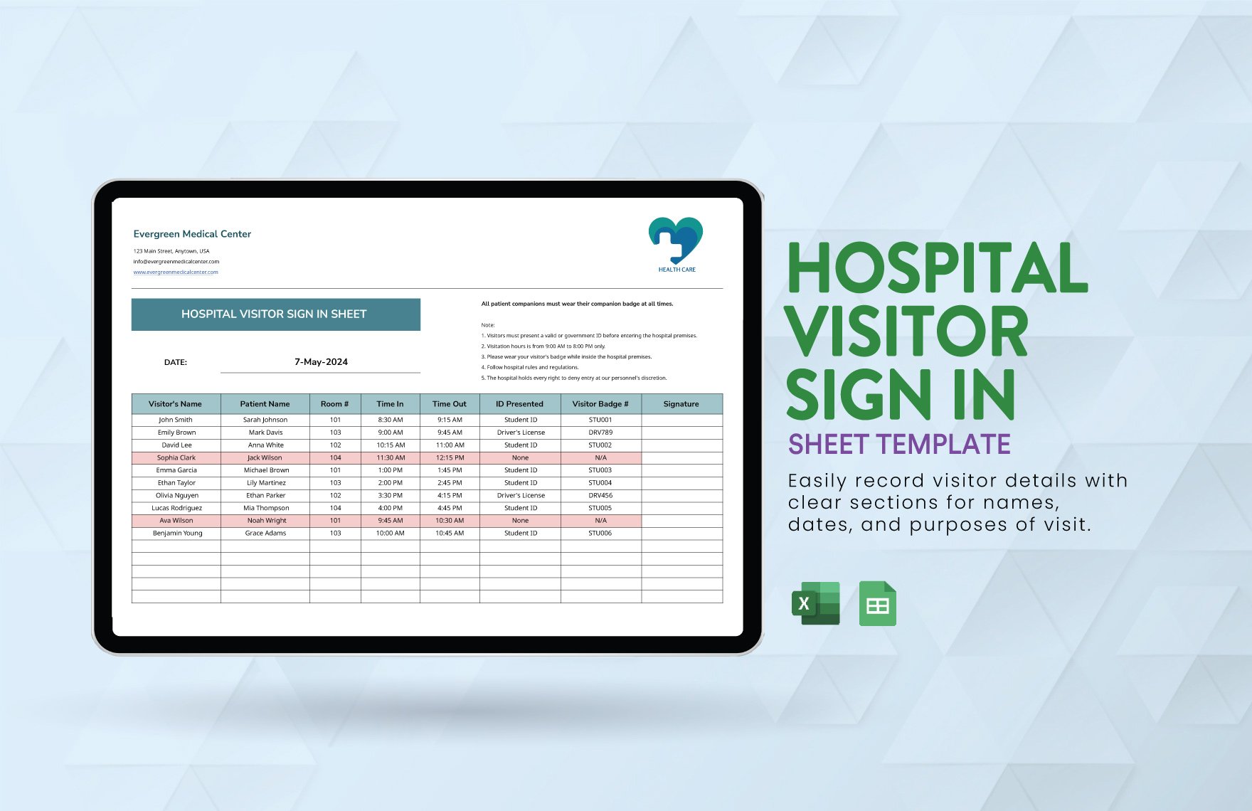 Hospital Visitor Sign in Sheet Template in Excel, Google Sheets
