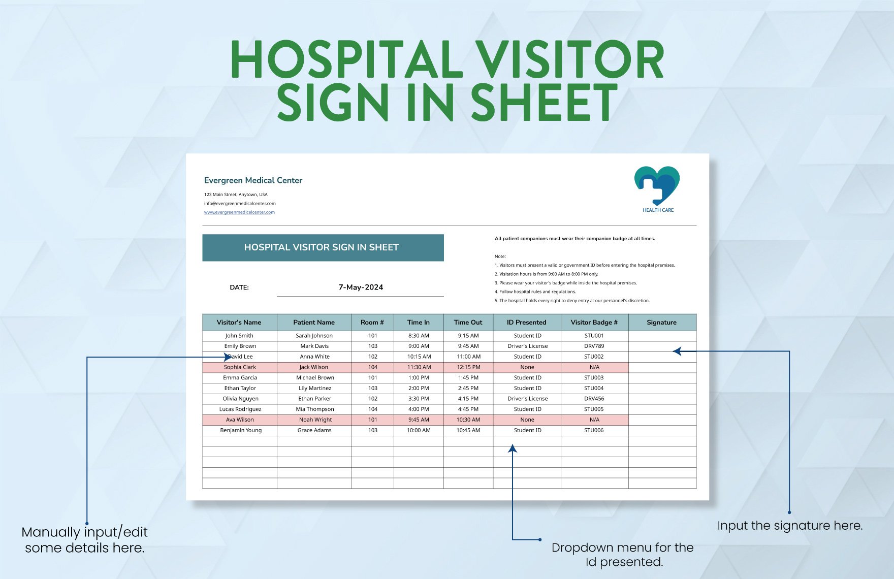Hospital Visitor Sign in Sheet Template