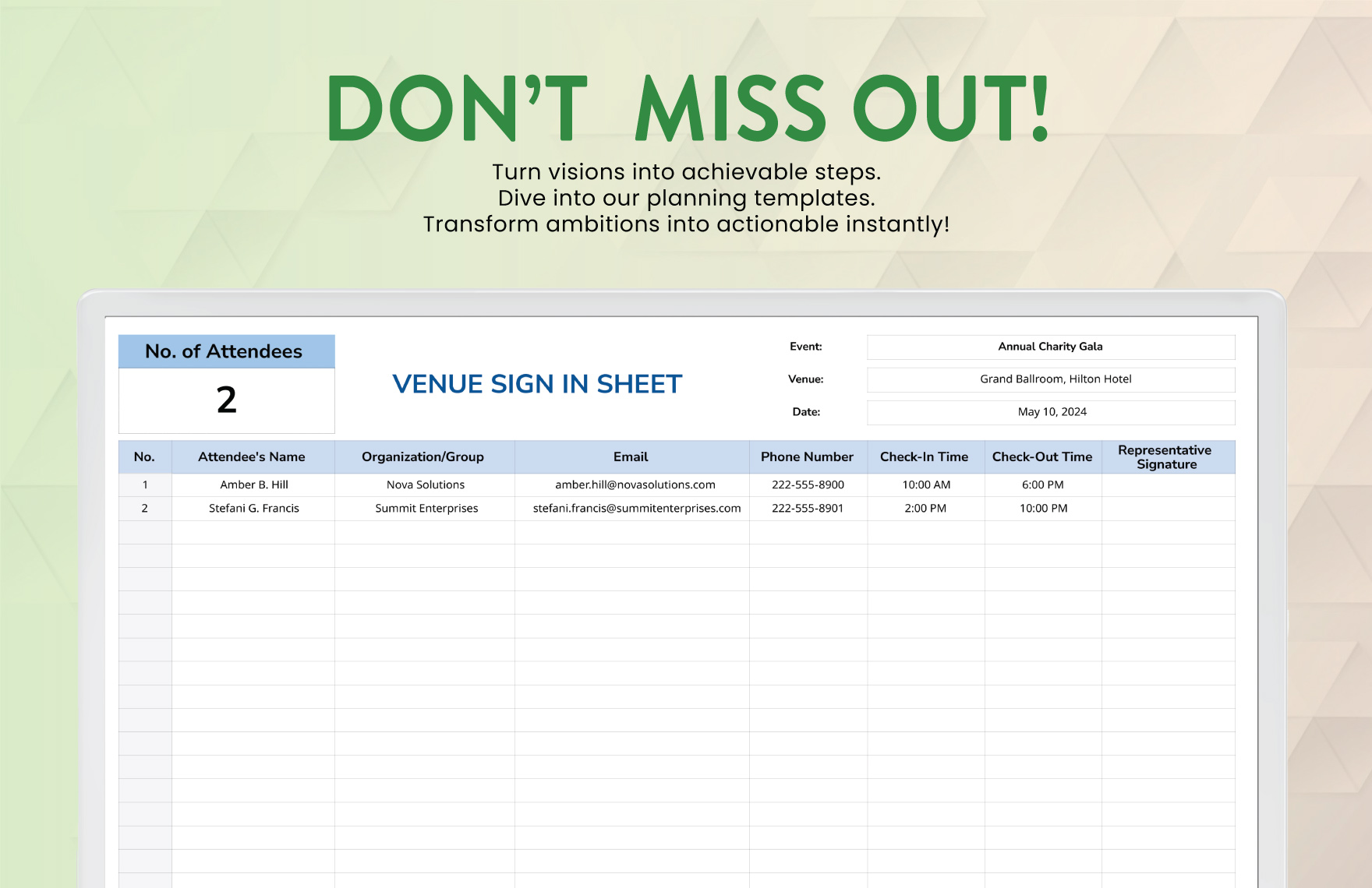 Venue Sign in Sheet Template