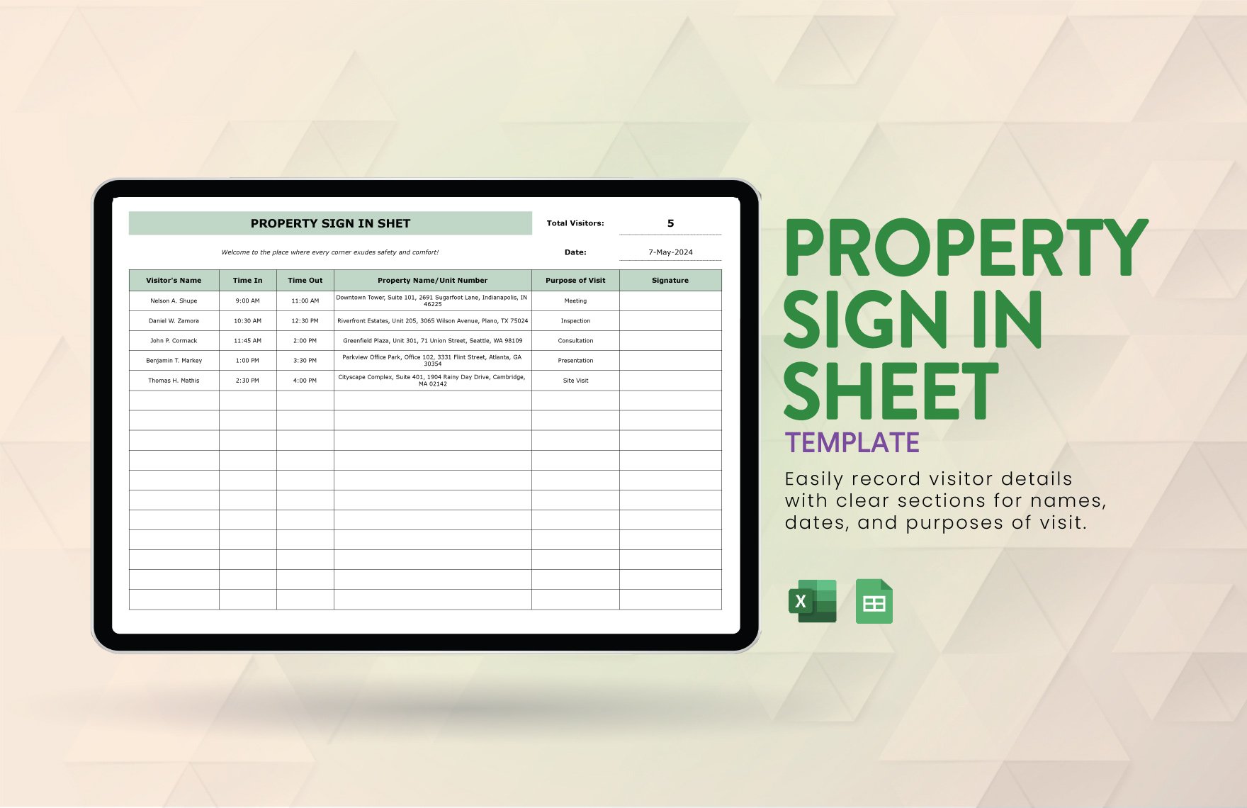 Property Sign in Sheet Template in Excel, Google Sheets
