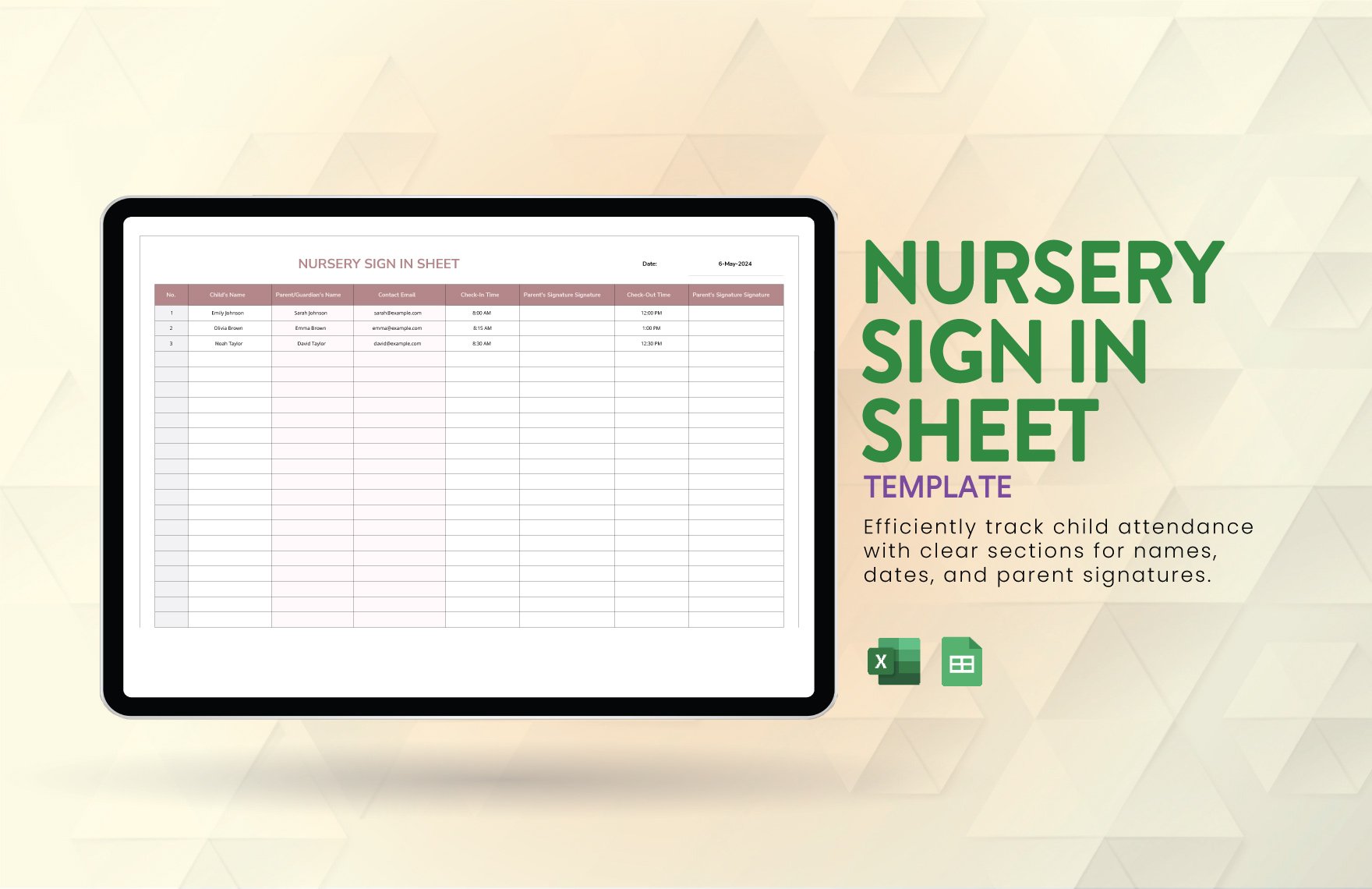 Nursery Sign in Sheet Template in Excel, Google Sheets