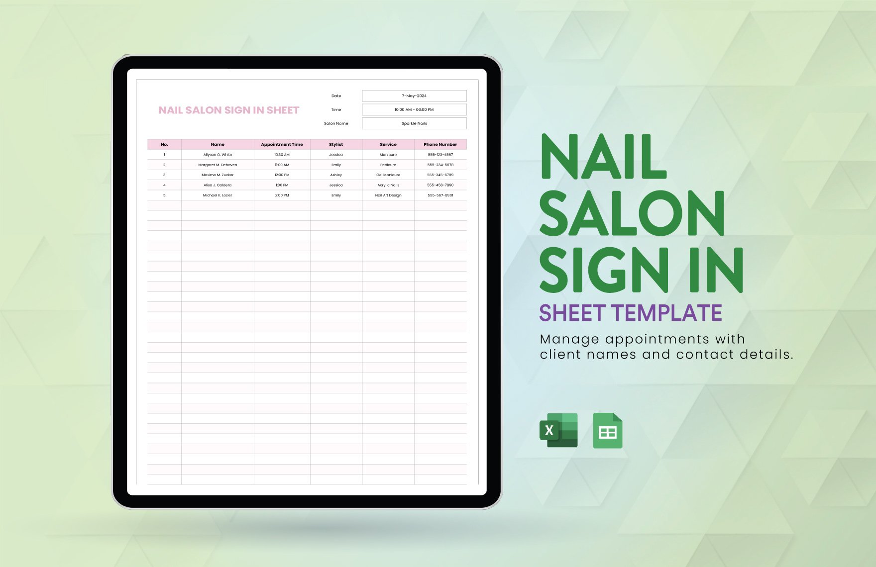 Free Nail Salon Sign in Sheet Template in Excel, Google Sheets