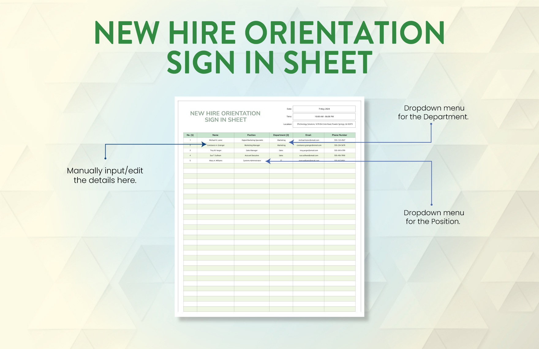 New Hire Orientation Sign in Sheet Template