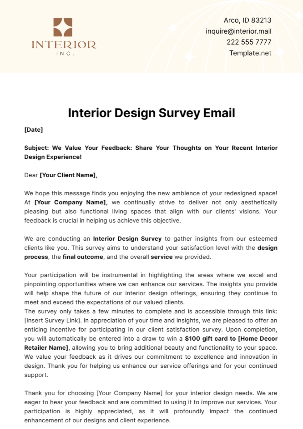 Interior Design Survey Email Template - Edit Online & Download