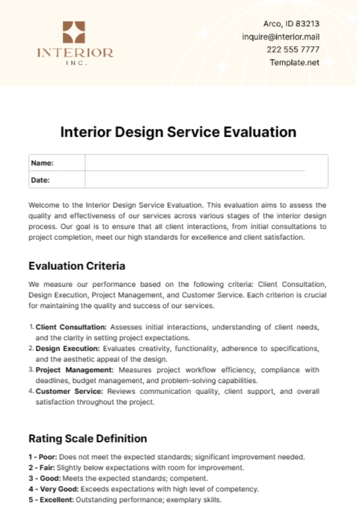 Interior Design Service Evaluation Template - Edit Online & Download