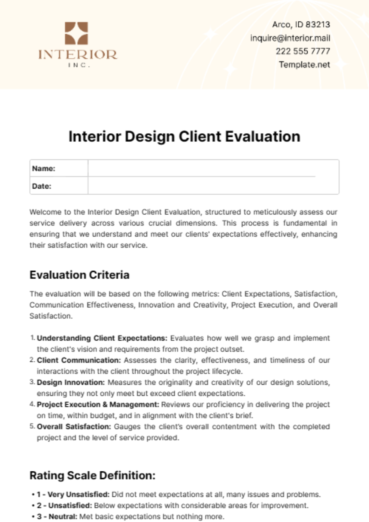 Interior Design Client Evaluation Template - Edit Online & Download