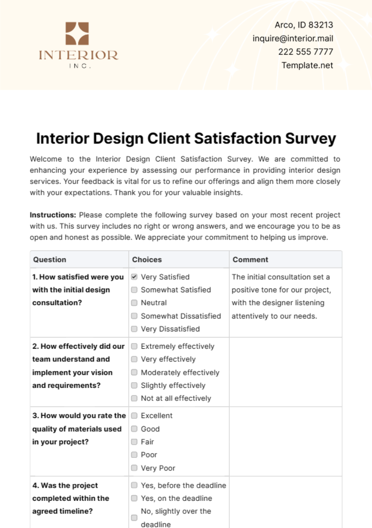 Interior Design Client Satisfaction Survey Template - Edit Online & Download