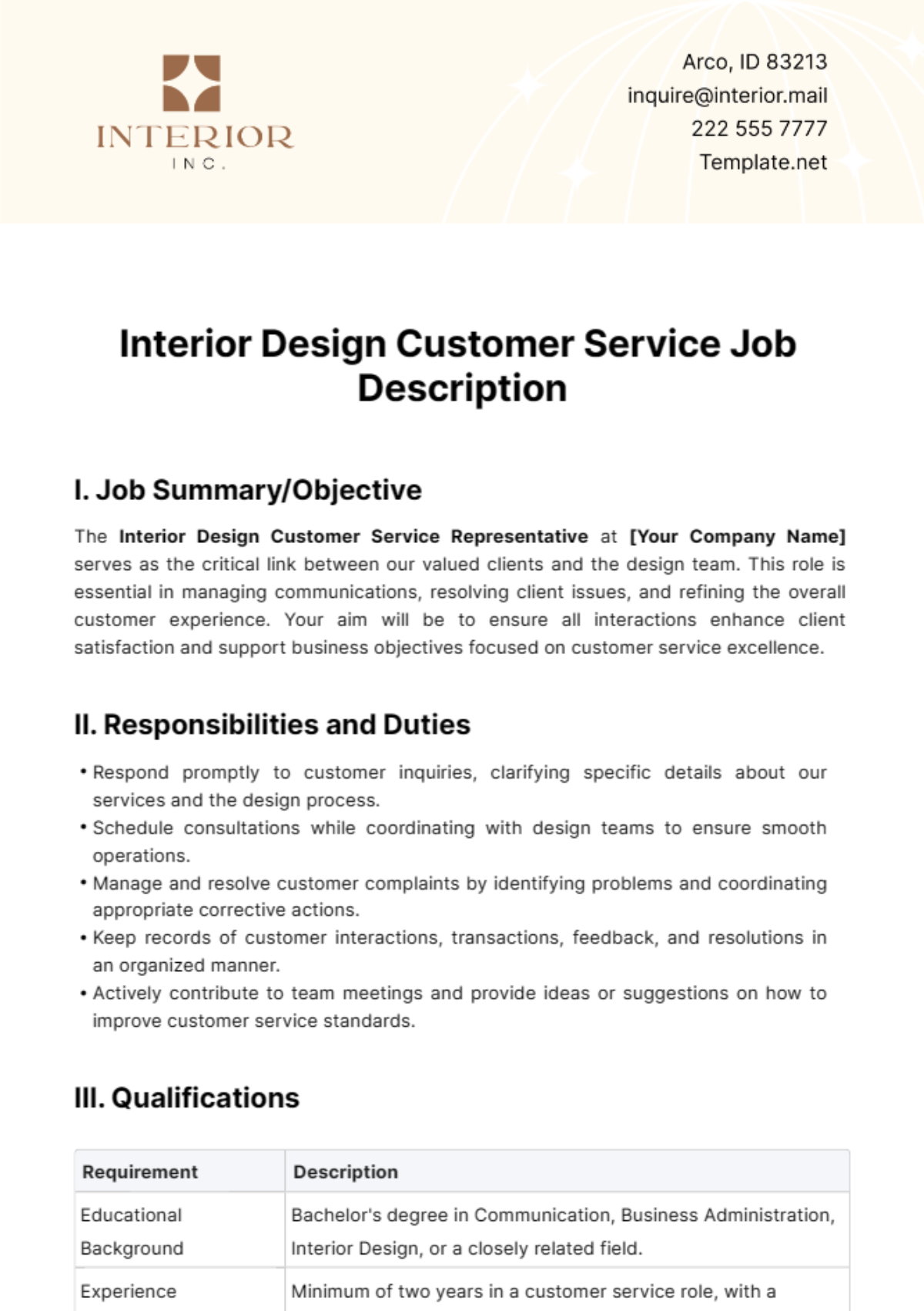 Interior Design Customer Service Job Description Template