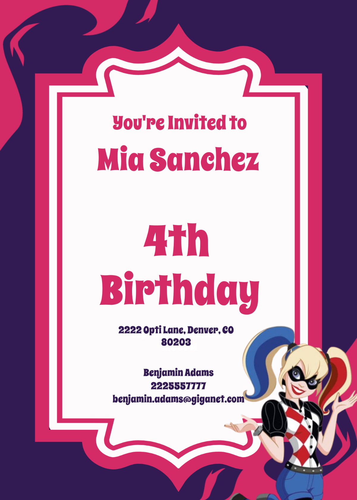 Harley Quinn Birthday Invitation