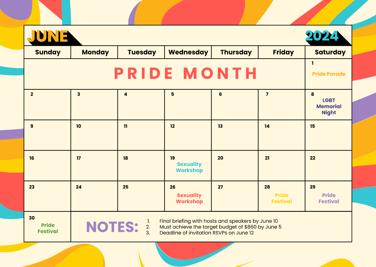 Pride Month Calendar 2024 Template - Edit Online & Download