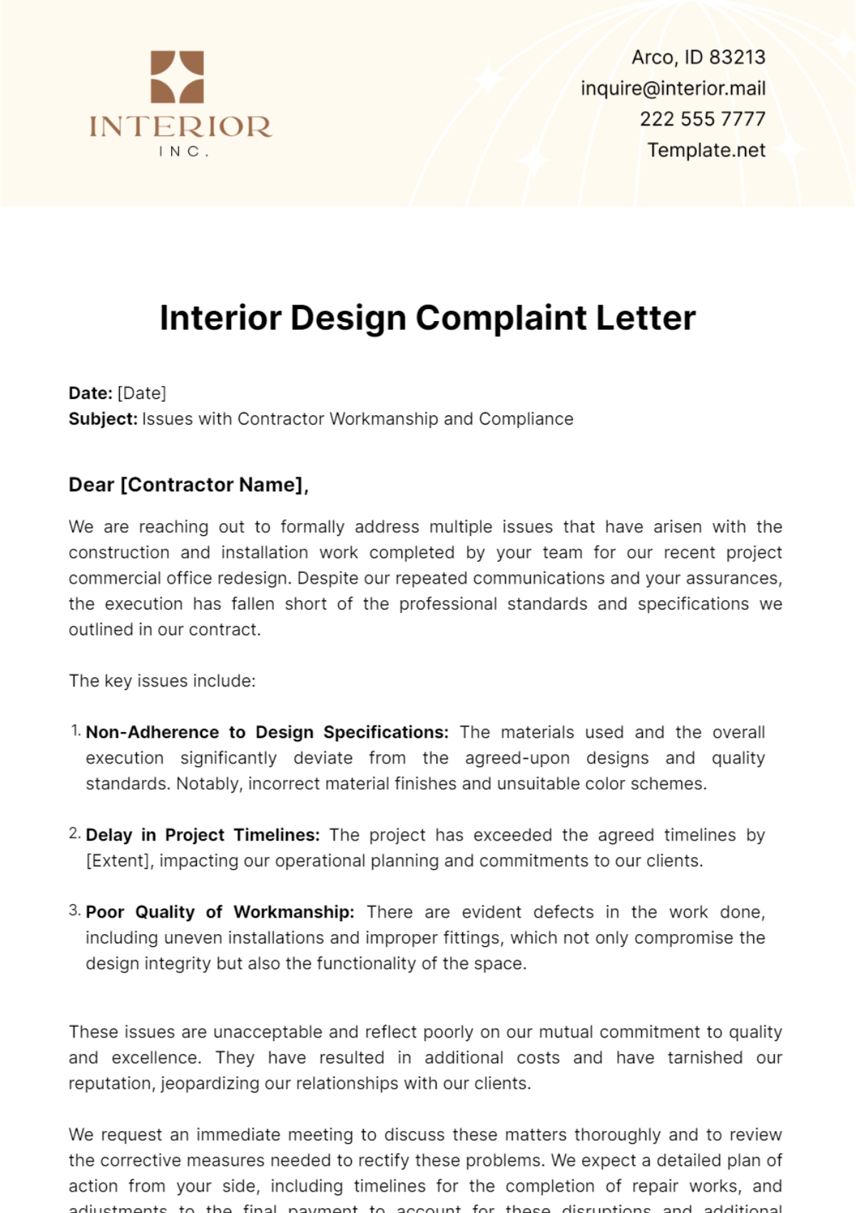 Interior Design Complaint Letter Template