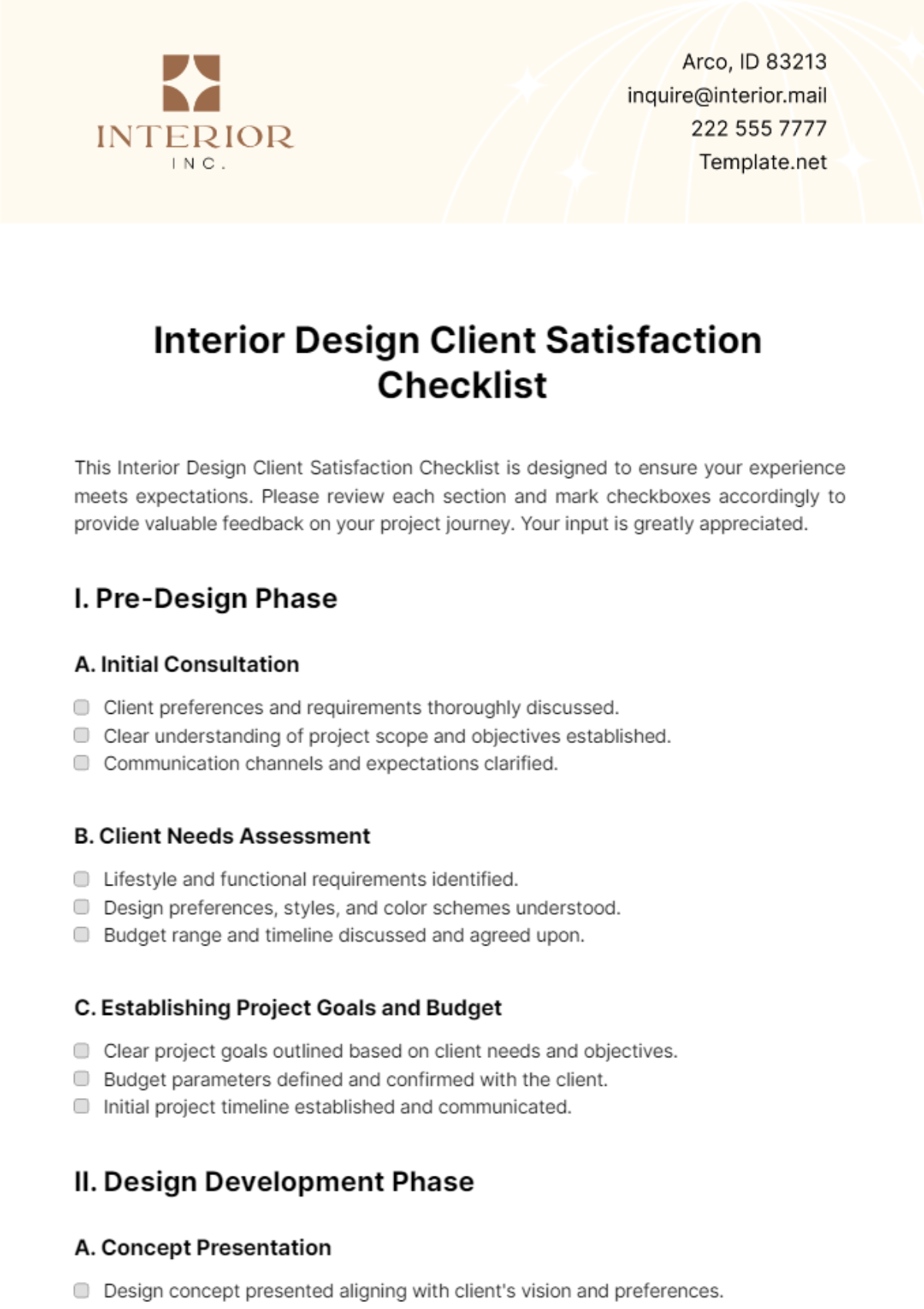 Interior Design Client Satisfaction Checklist Template - Edit Online & Download