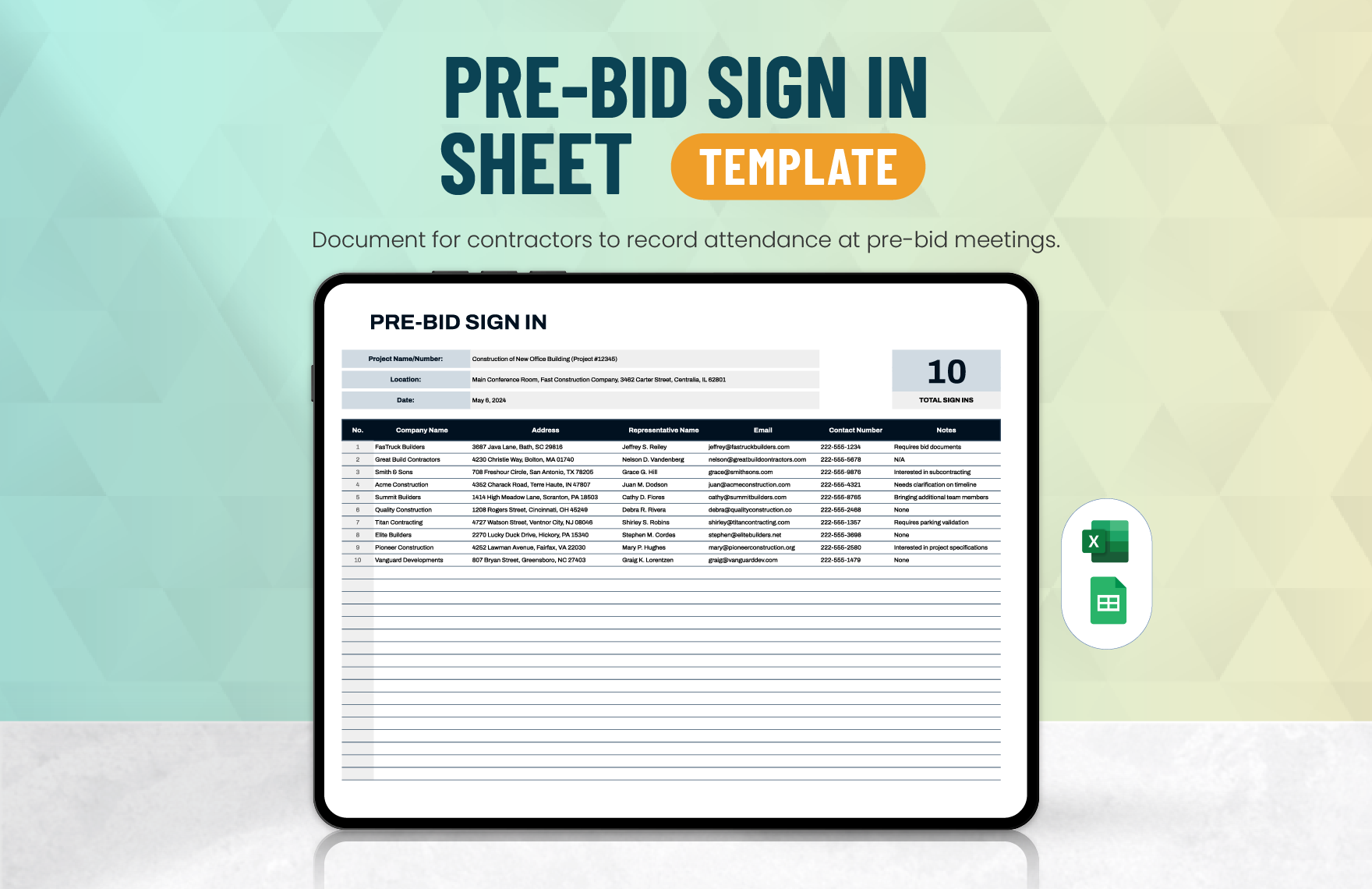 Free Pre-Bid Sign in Sheet Template in Excel, Google Sheets
