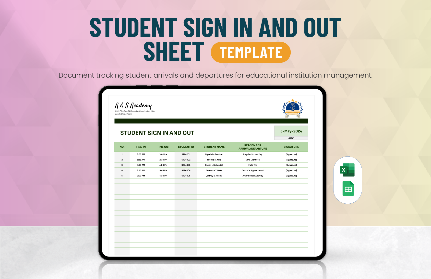 Student Sign in And Out Sheet Template in Excel, Google Sheets