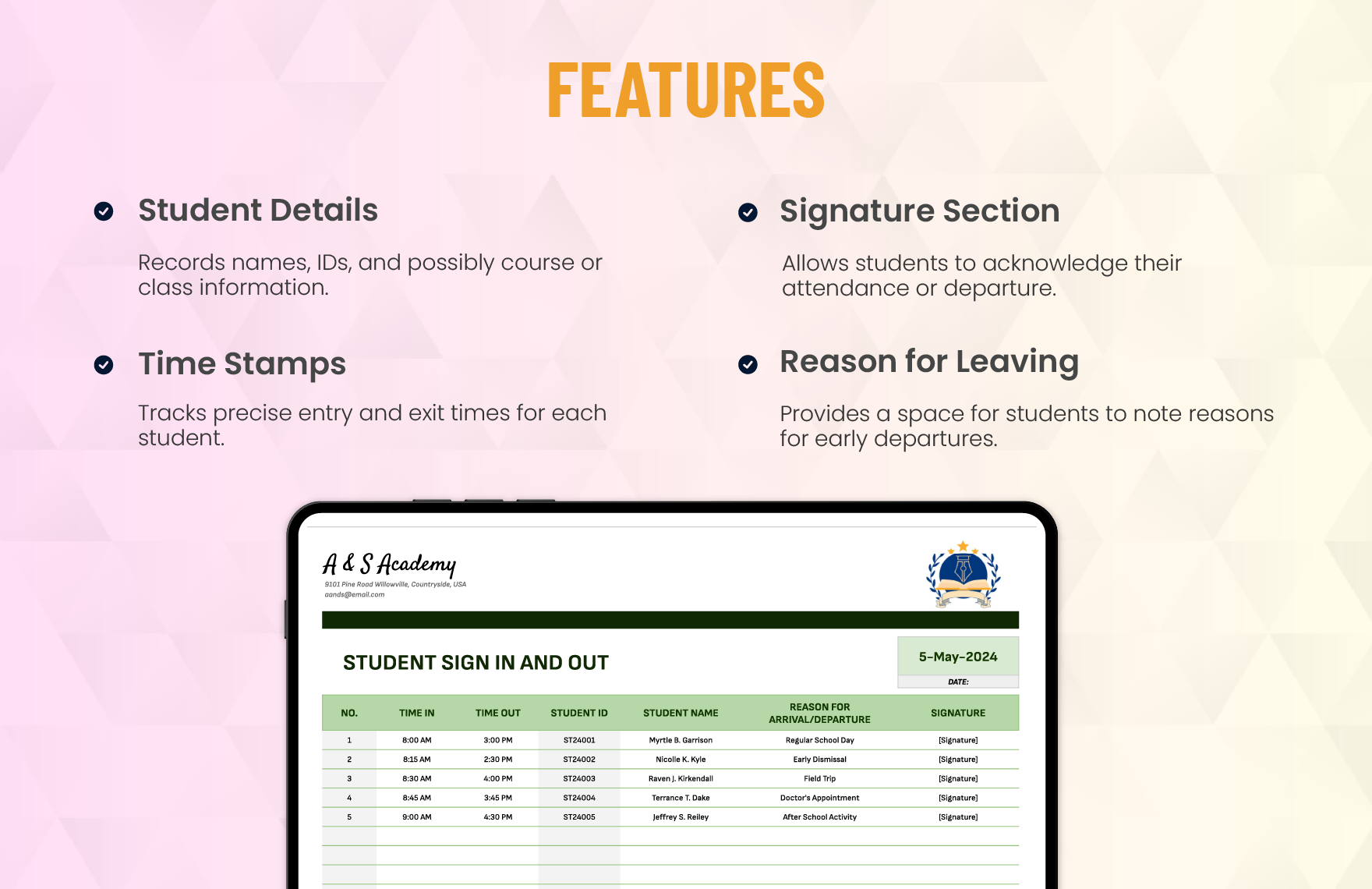 Student Sign in And Out Sheet Template