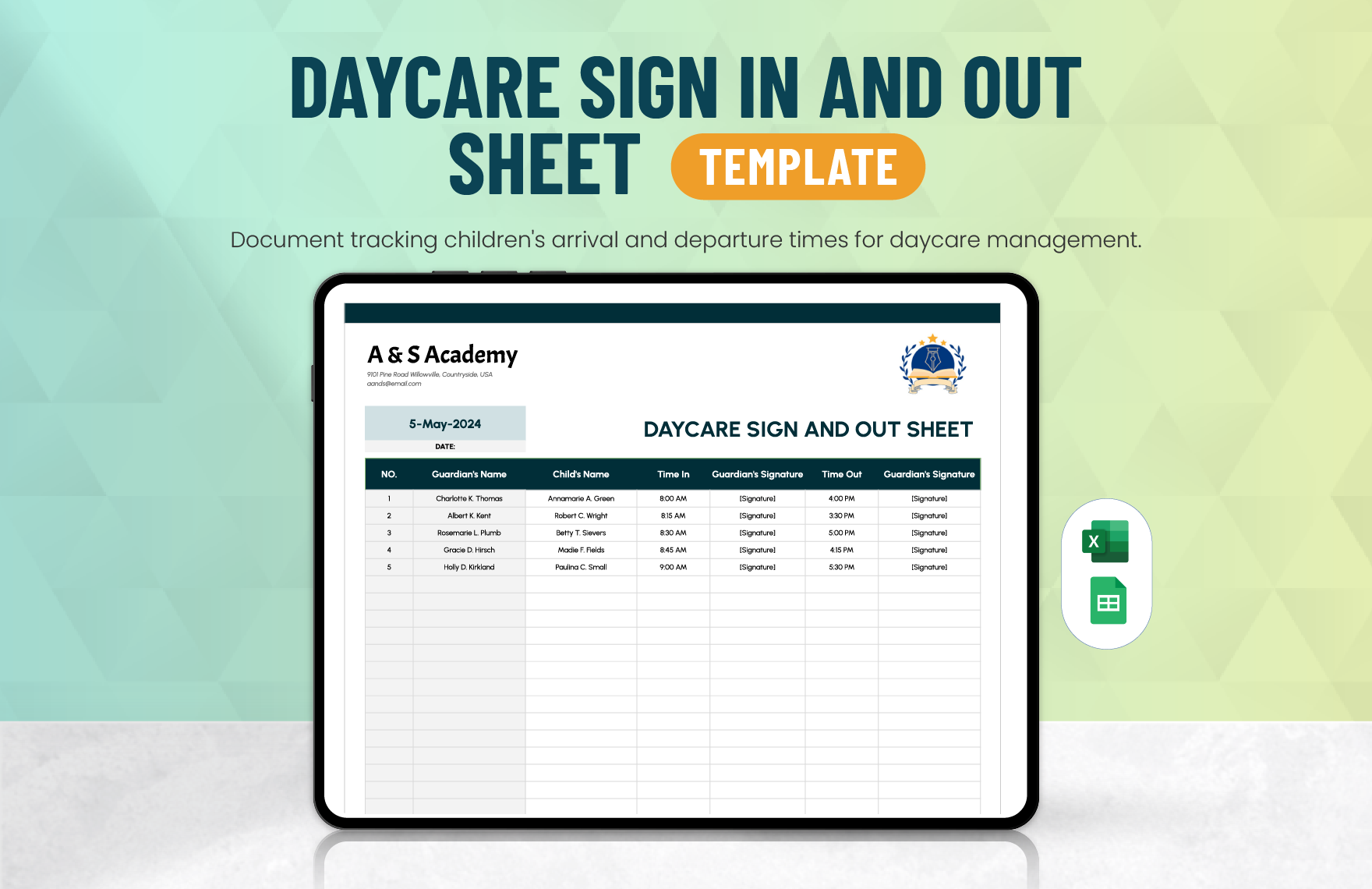 Daycare Sign in And Out Sheet Template in Excel, Google Sheets