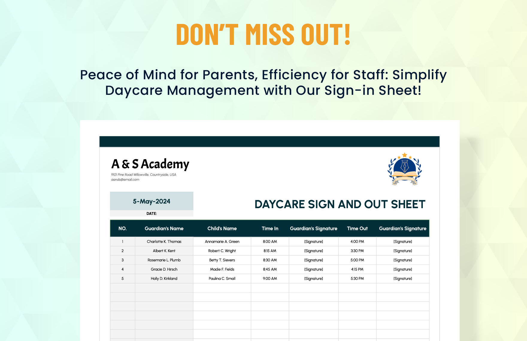 Daycare Sign in And Out Sheet Template