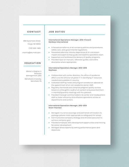 International Operations Manager Resume Template