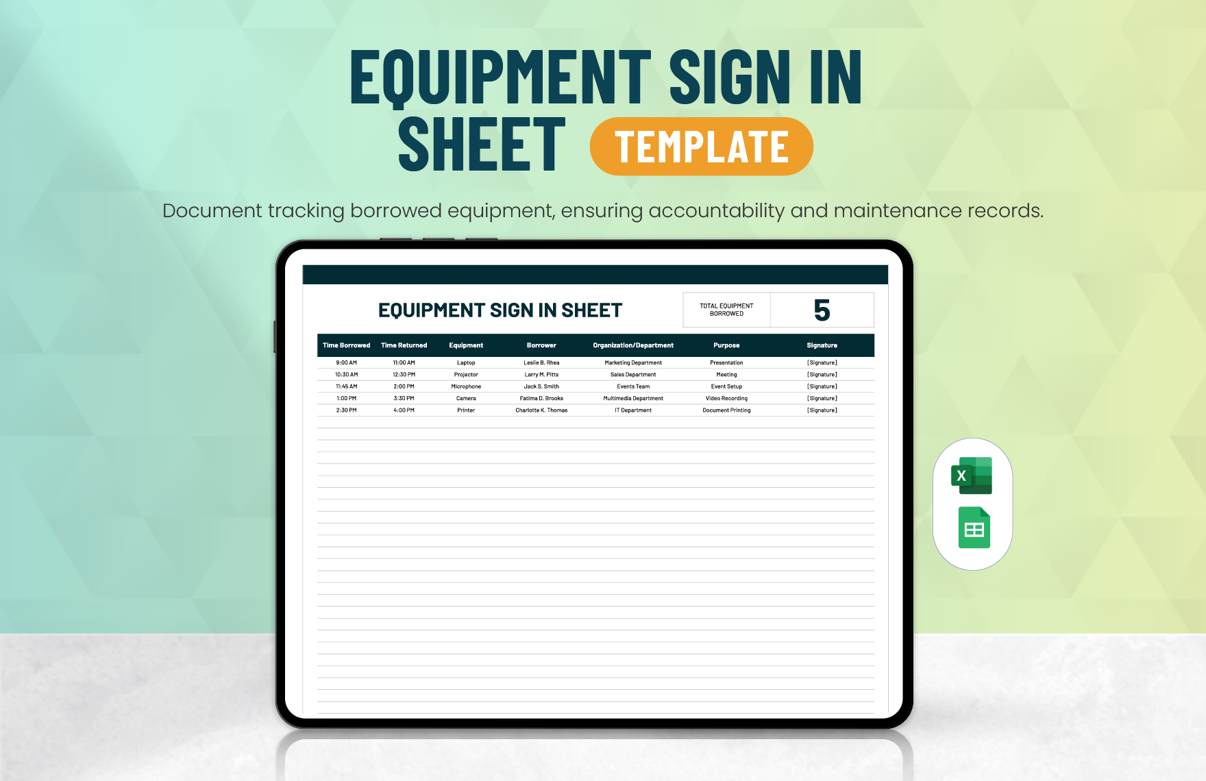 Equipment Sign in Sheet Template in Excel, Google Sheets