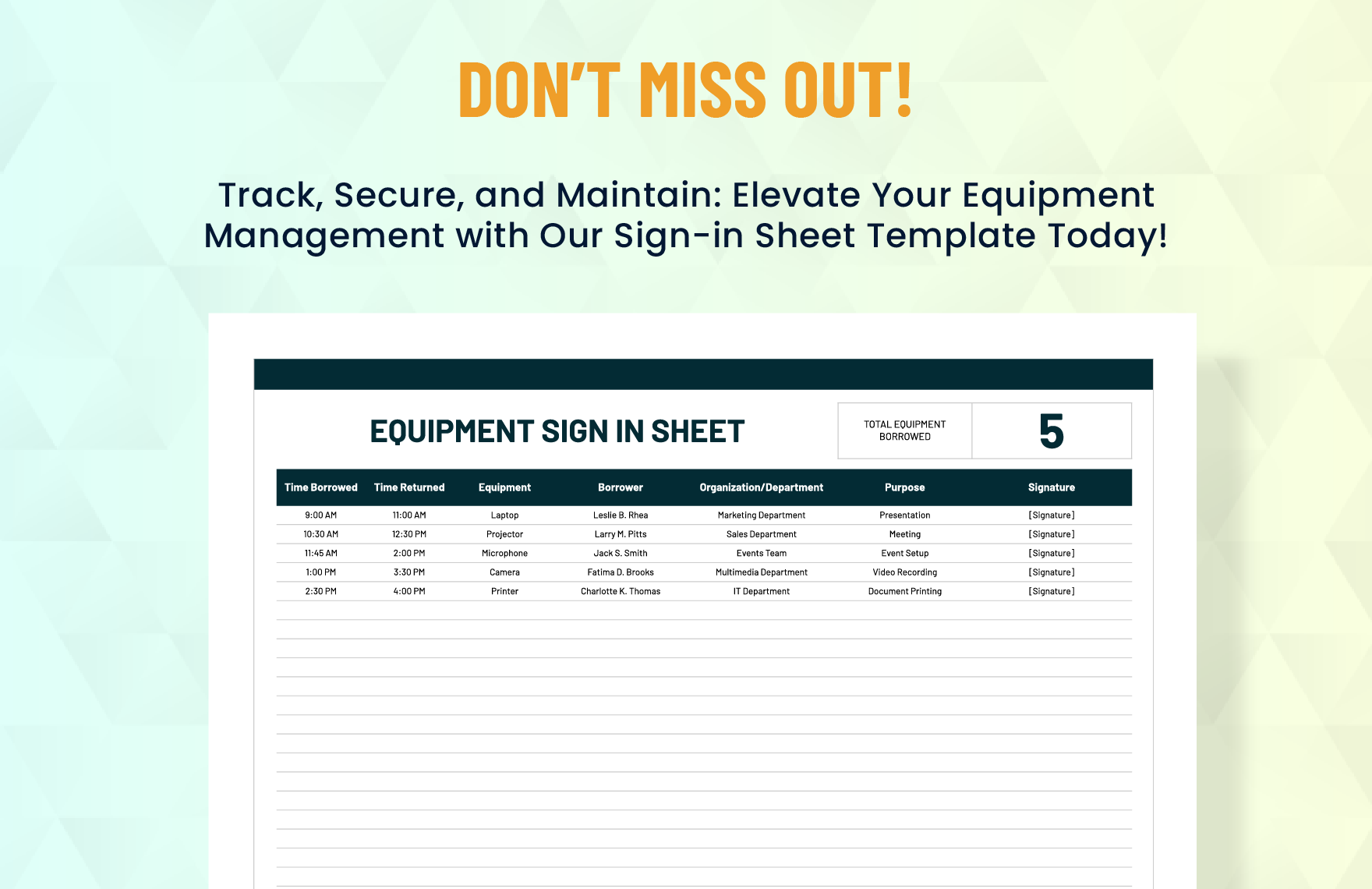 Equipment Sign in Sheet Template