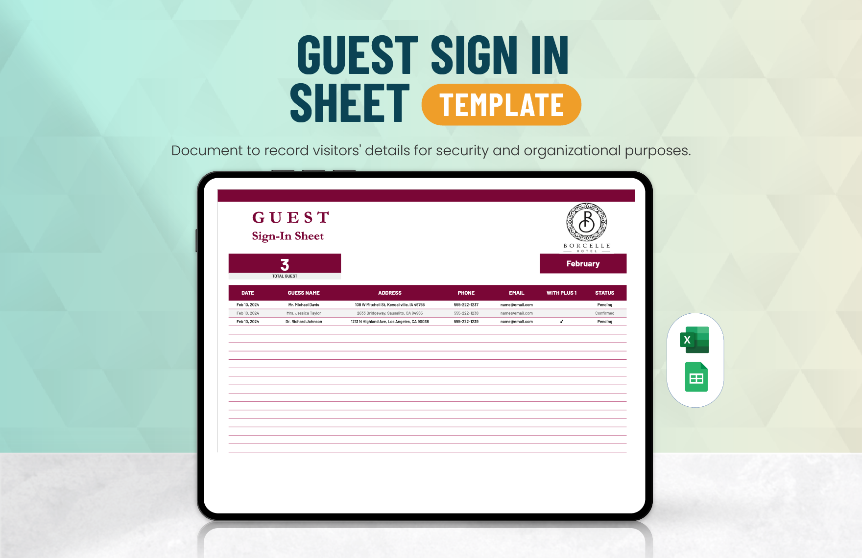 Guest Sign in Sheet Template in Excel, Google Sheets