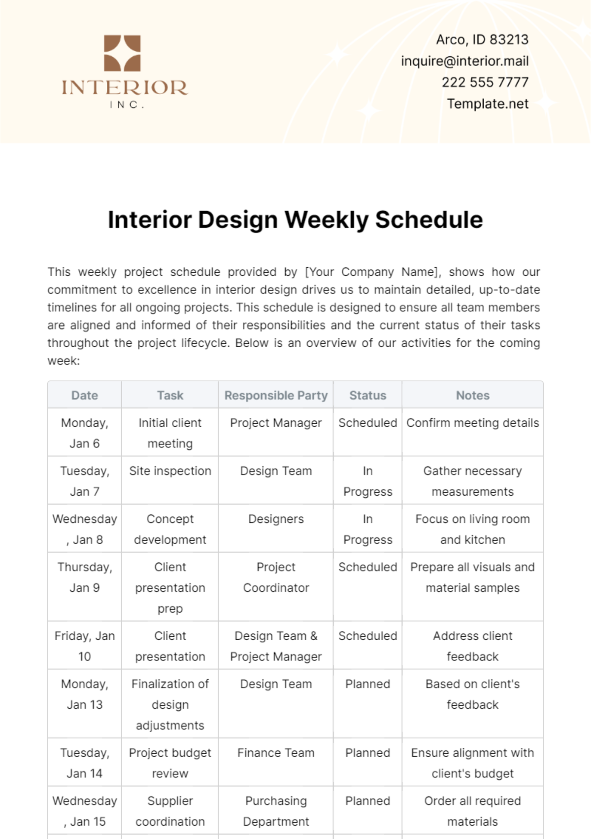 Interior Design Weekly Schedule Template - Edit Online & Download