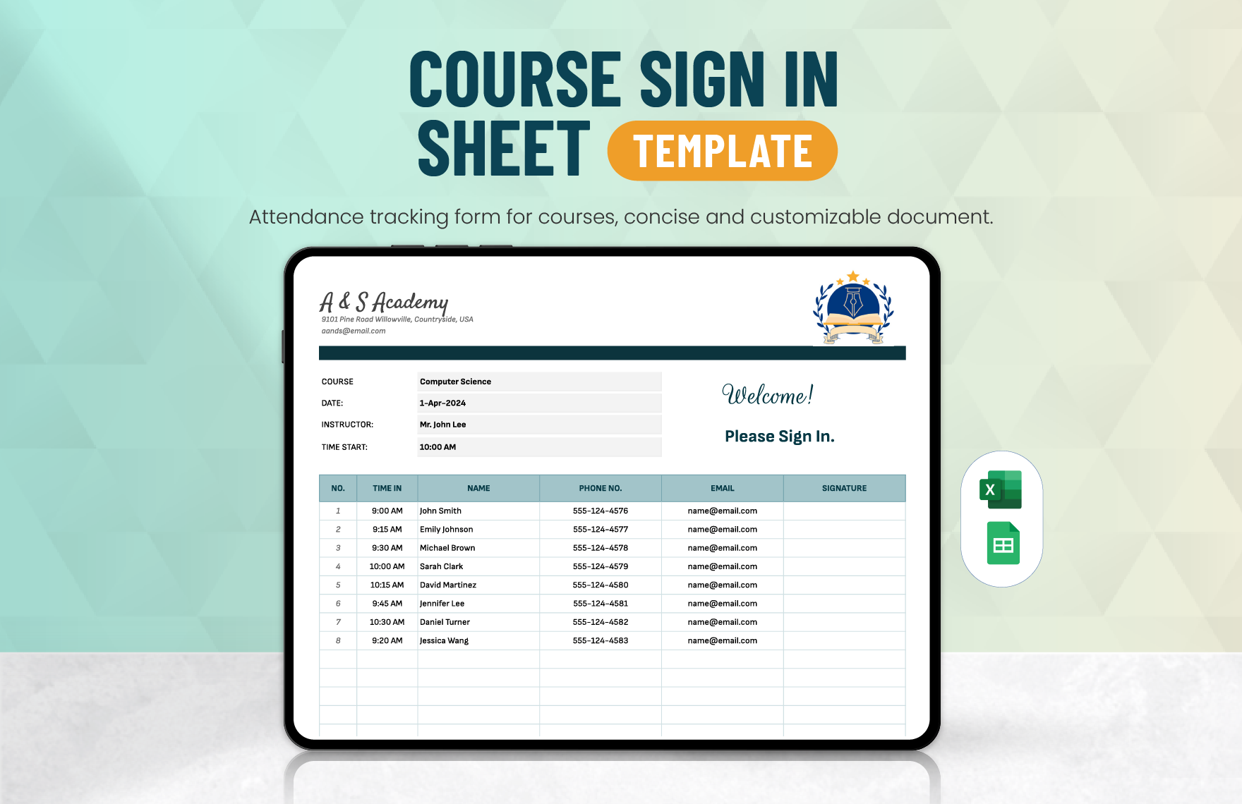Course Sign in Sheet Template in Excel, Google Sheets