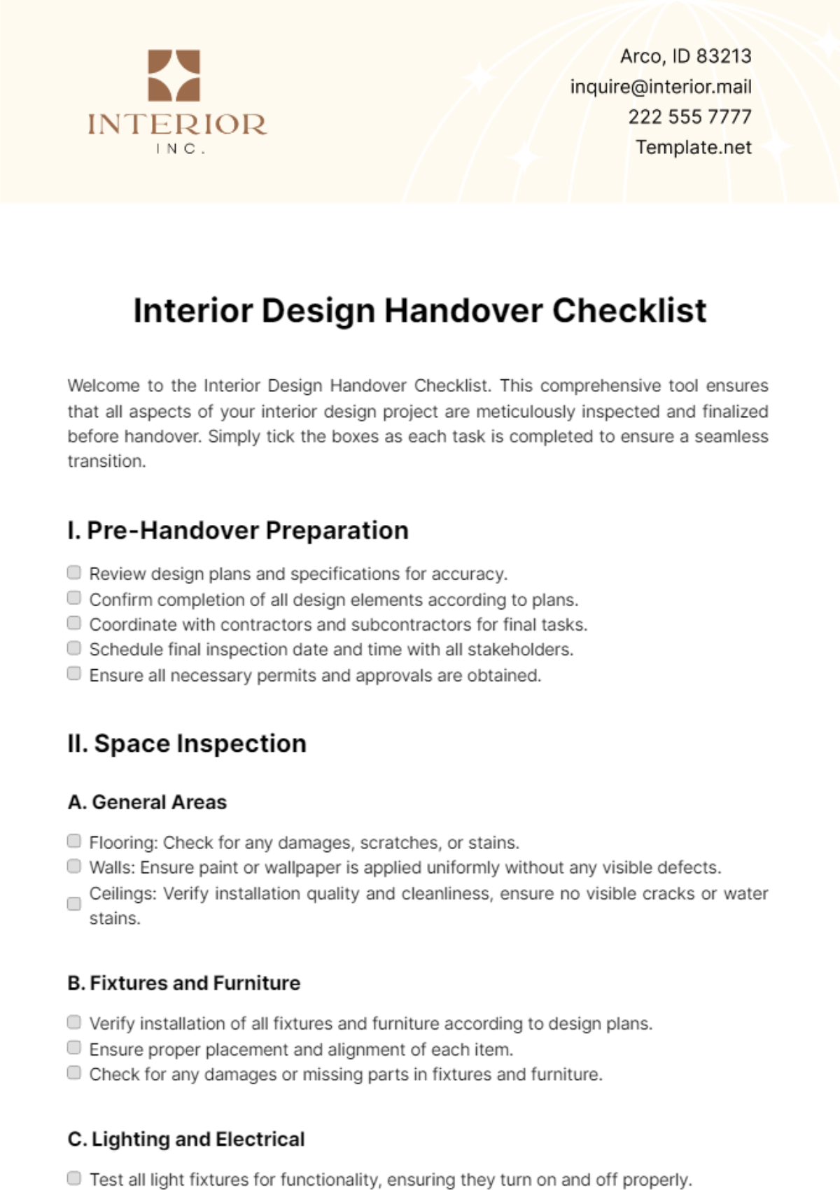 Interior Design Handover Checklist Template - Edit Online & Download