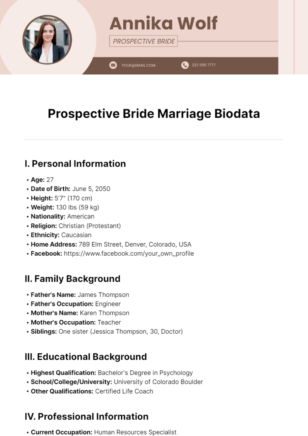 Prospective Bride Marriage Biodata Template - Edit Online & Download