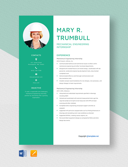 Mechanical Engineering Internship Resume Template - Word, Apple Pages