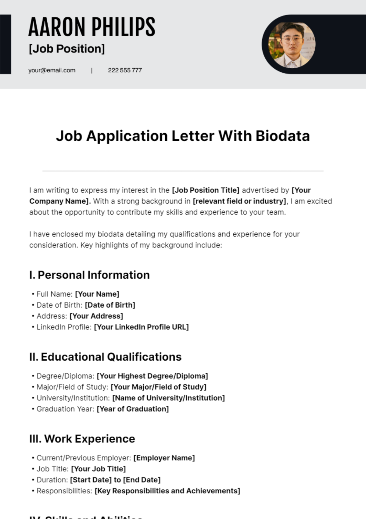 job application letter format with biodata