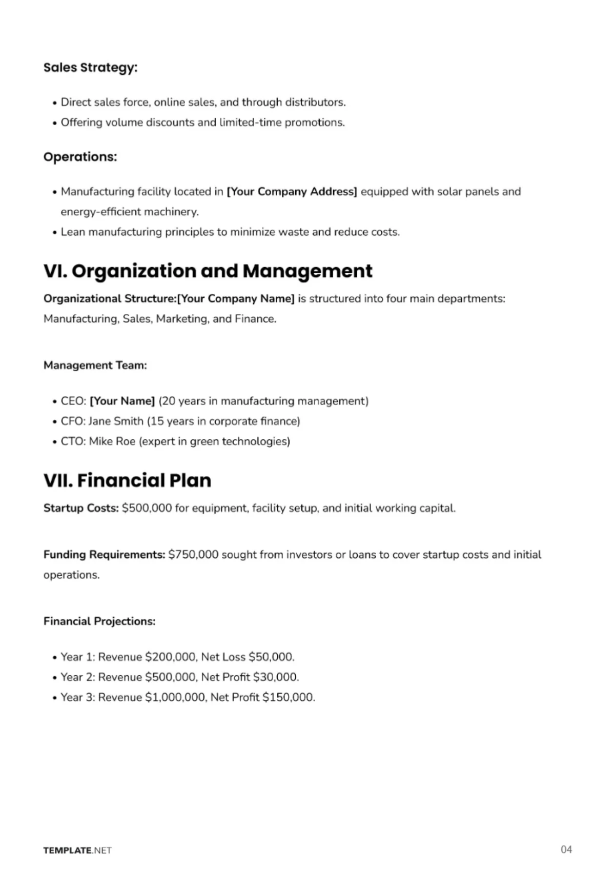 Free Manufacturing Business Plan Template to Edit Online