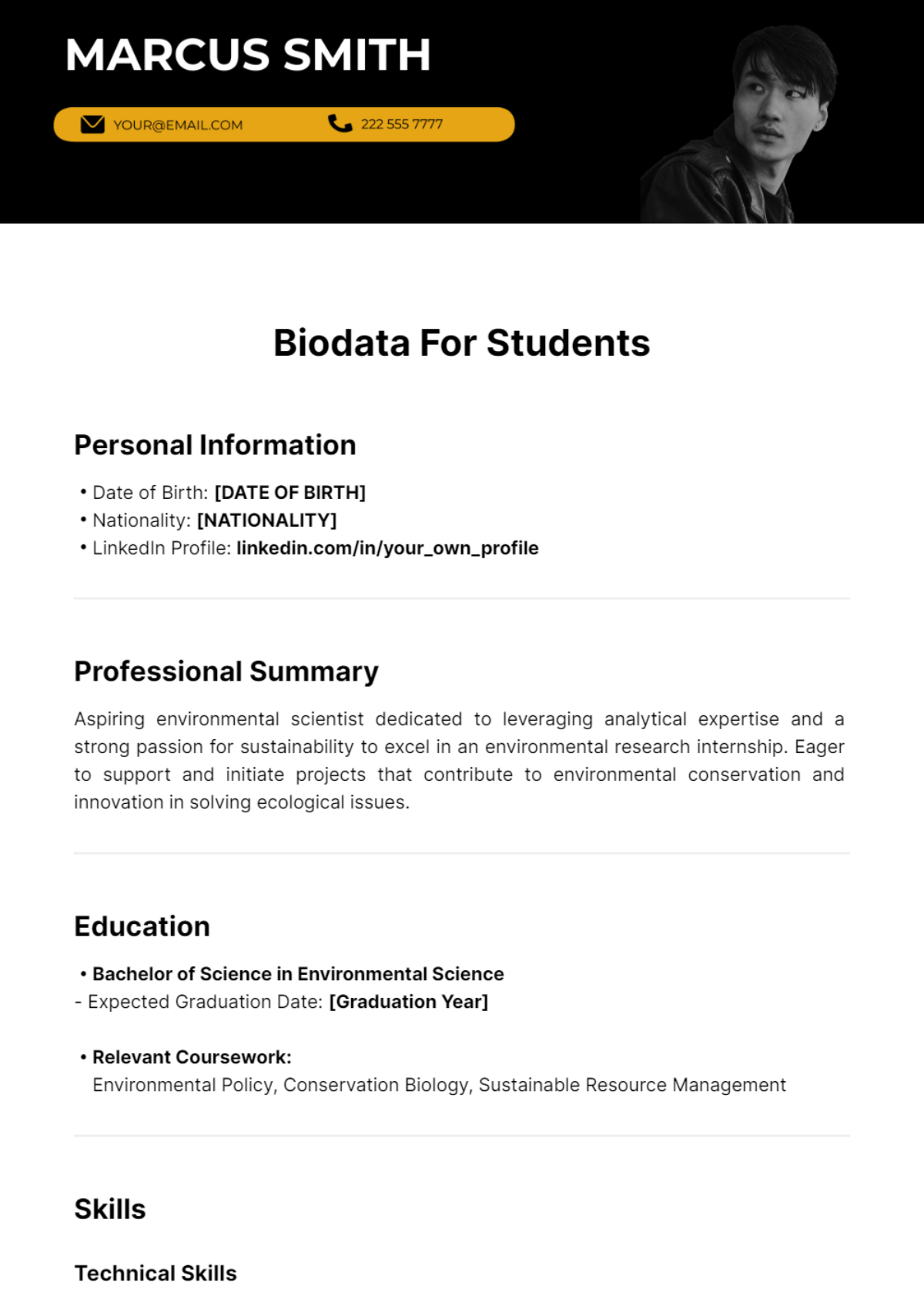 Free Biodata for Students Template to Edit Online