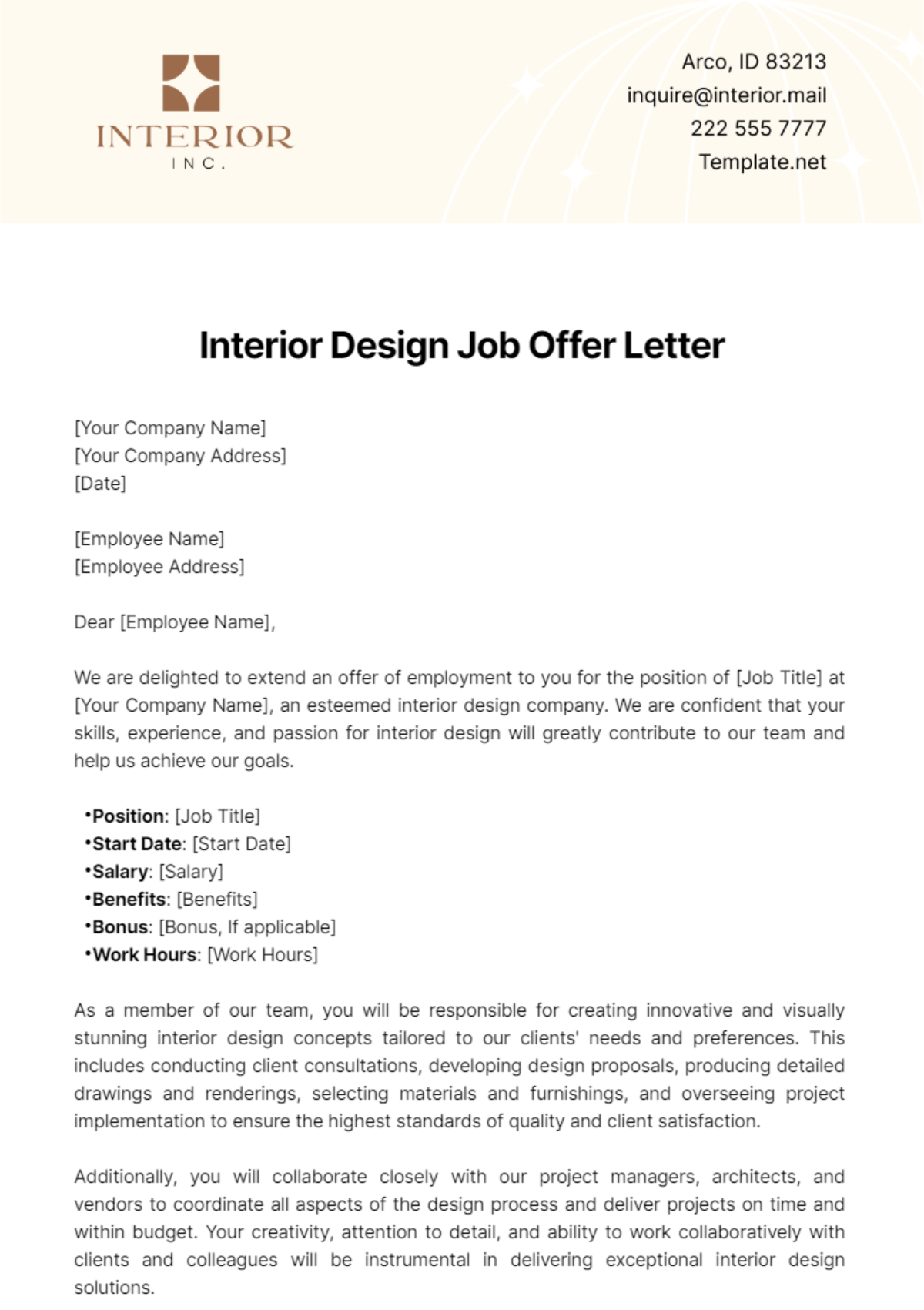 Interior Design Job Offer Letter Template