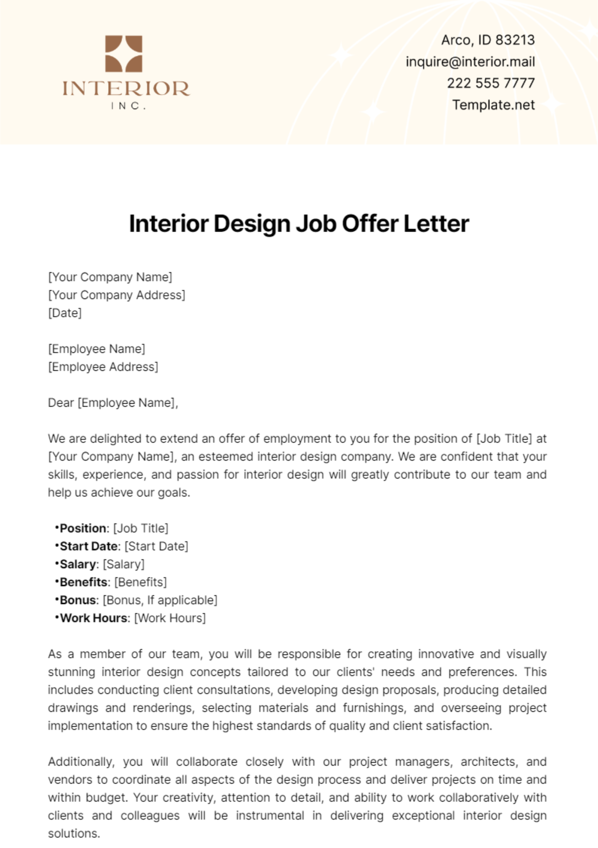 Free Interior Design Job Offer Letter Template to Edit Online