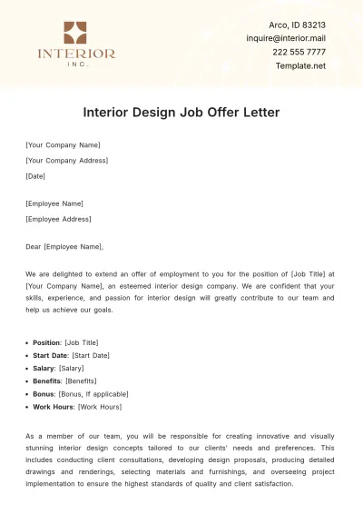 Free Interior Design Job Offer Letter Template to Edit Online