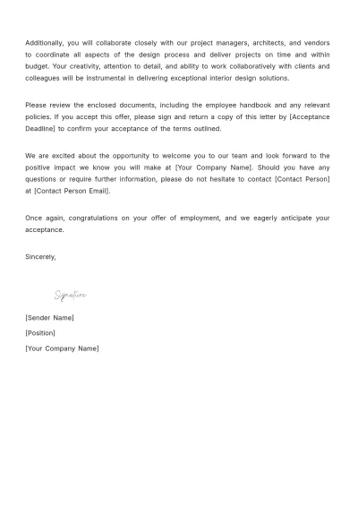 Free Interior Design Job Offer Letter Template to Edit Online